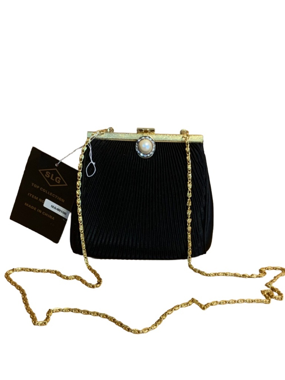 SLG BLACK AND GOLD FAUX PEARL & RHINESTONE CLASP BOXY EVENING BAG